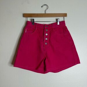 Vintage bongo button fly pink denim jean shorts  big logo on back size 5